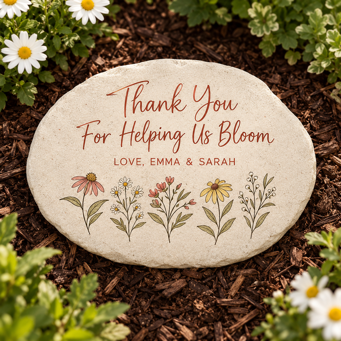 Personalized floral garden stone with two custom text lines