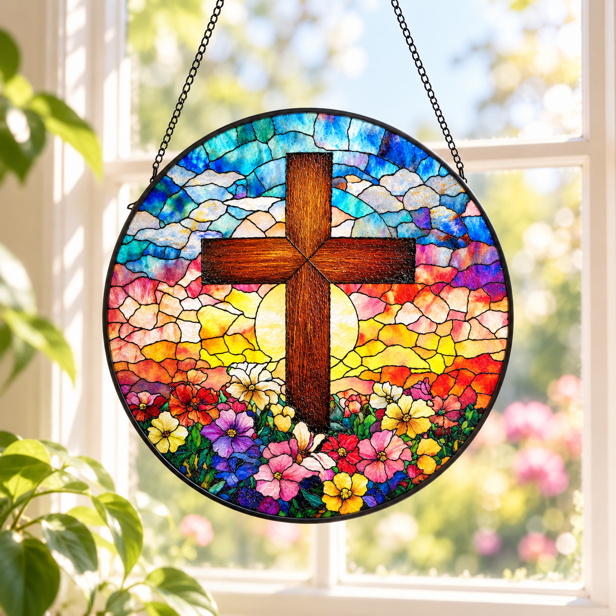 Garden Sunrise stained glass cross suncatcher in a bright window
