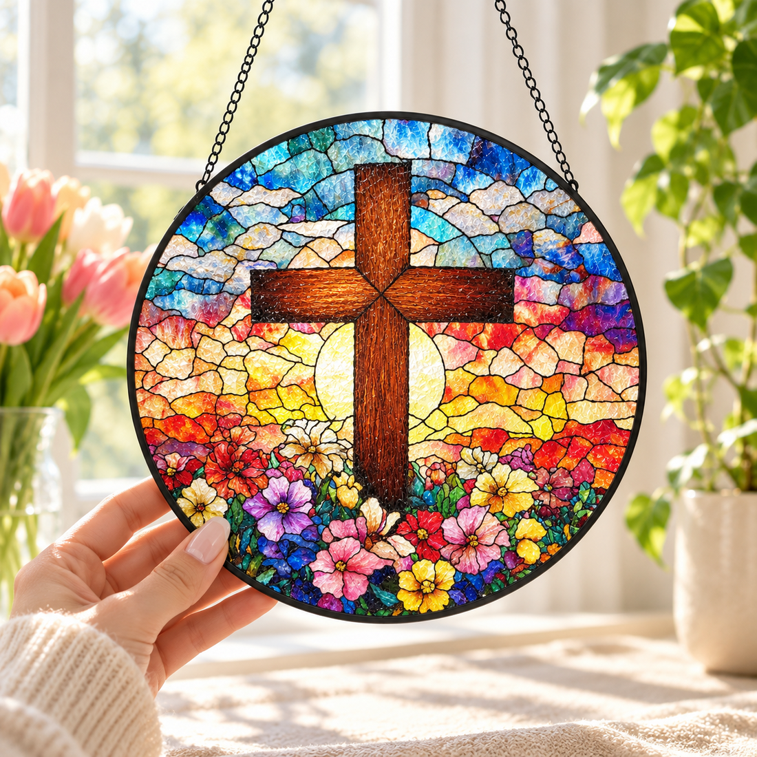 Garden Sunrise stained glass cross suncatcher in a bright window