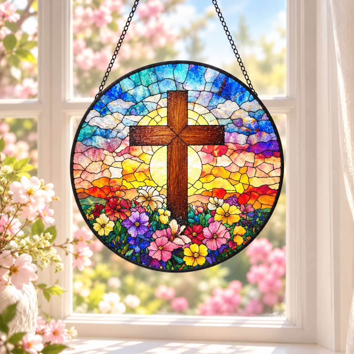 Garden Sunrise stained glass cross suncatcher with floral window view