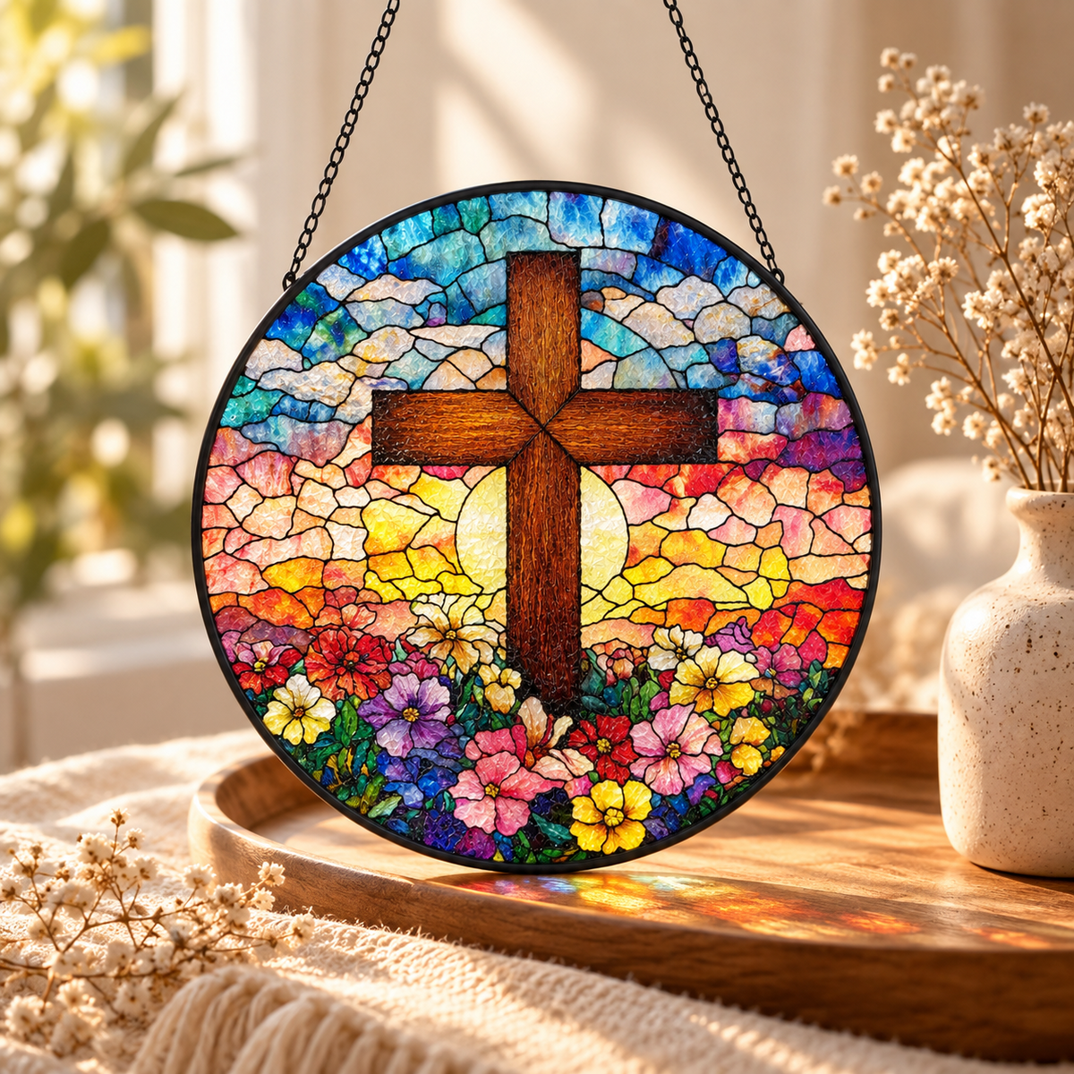 Garden Sunrise stained glass cross suncatcher on a sunlit table