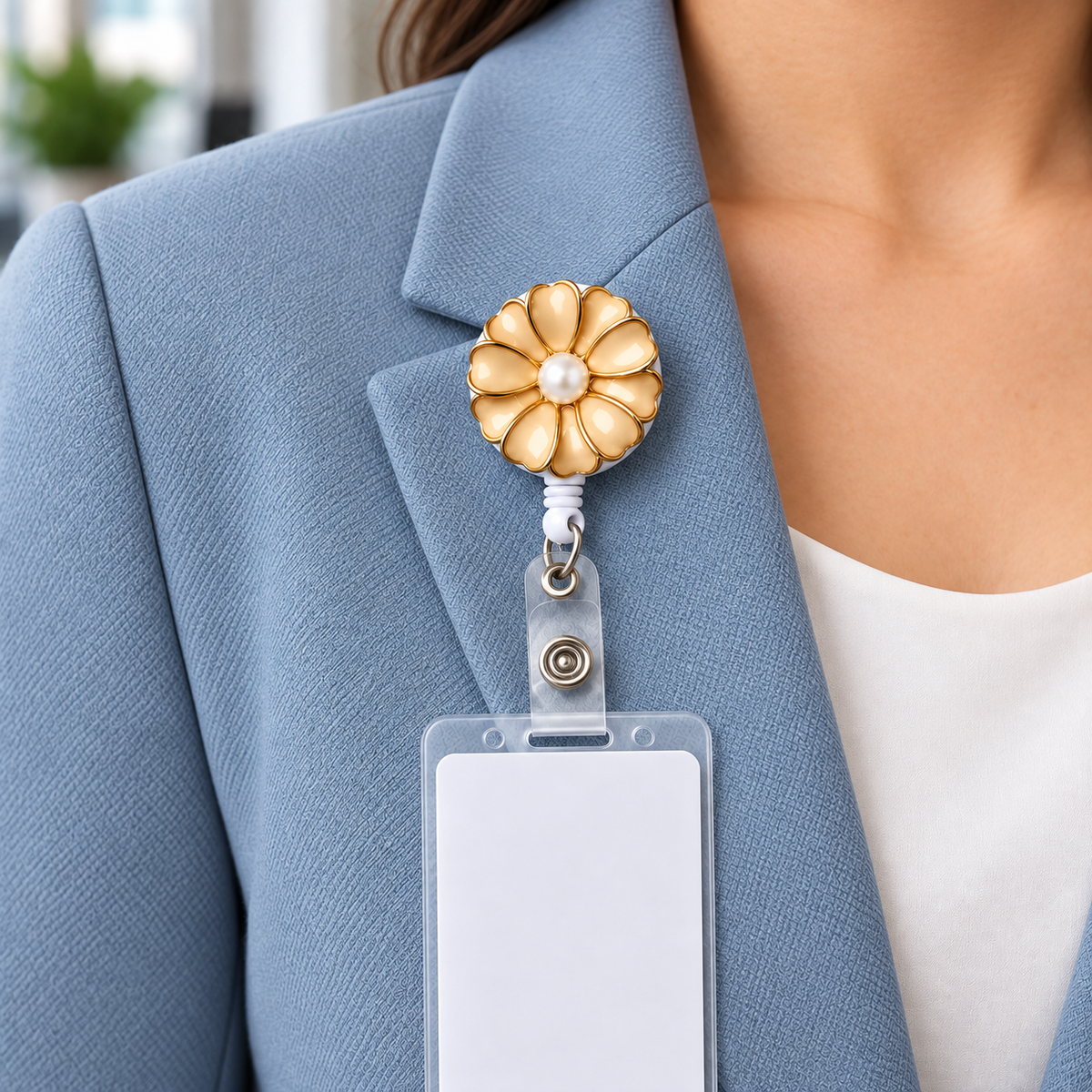 Gold floral badge reel worn on dusty blue blazer