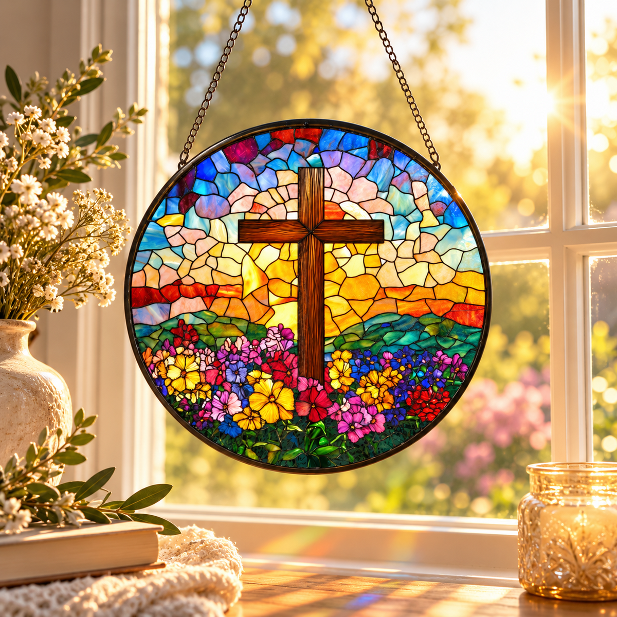 Golden Hope stained glass cross suncatcher