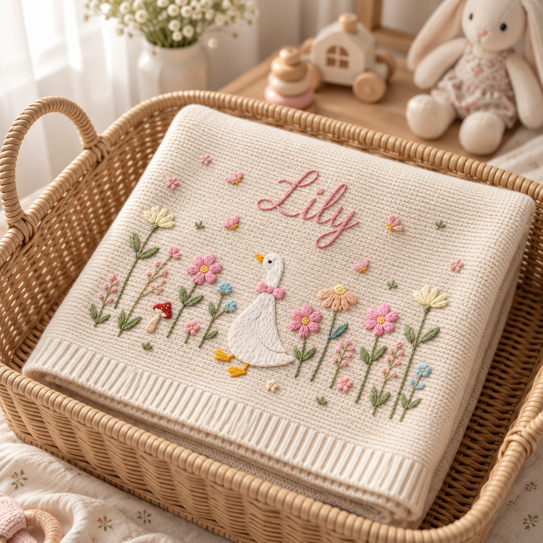 Cream personalized goose garden baby blanket in a nursery