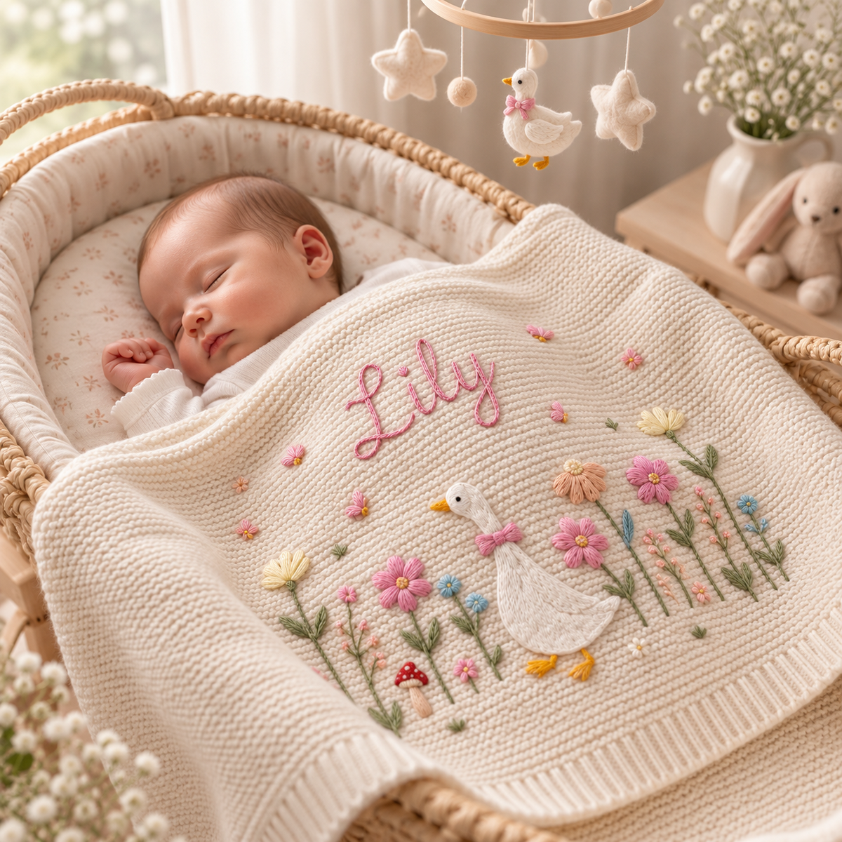 Cream personalized goose garden baby blanket in a bassinet