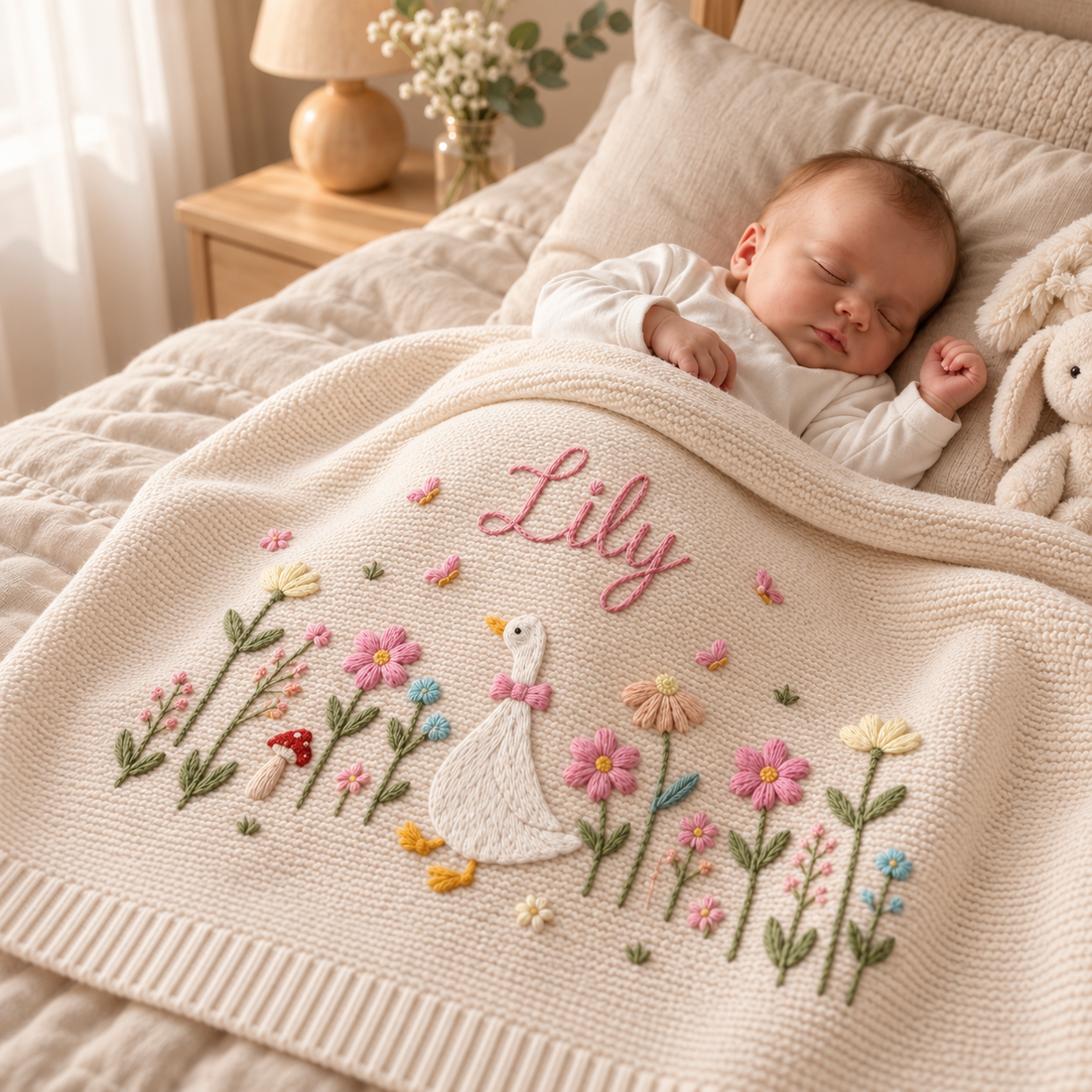 Cream personalized goose garden baby blanket in a nursery