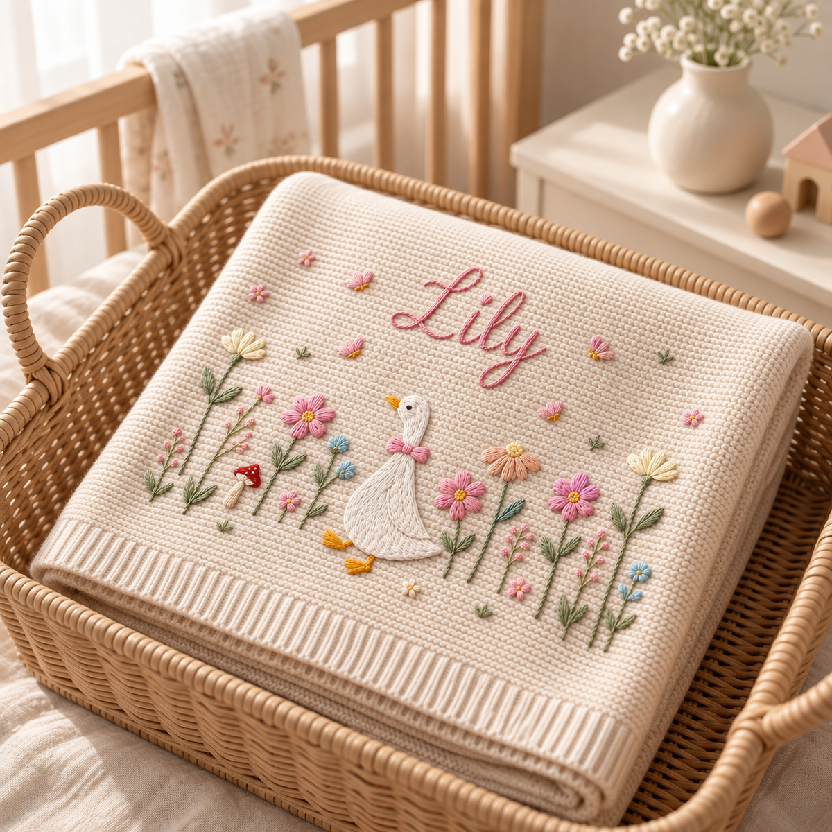 Cream personalized goose garden baby blanket folded in a basket