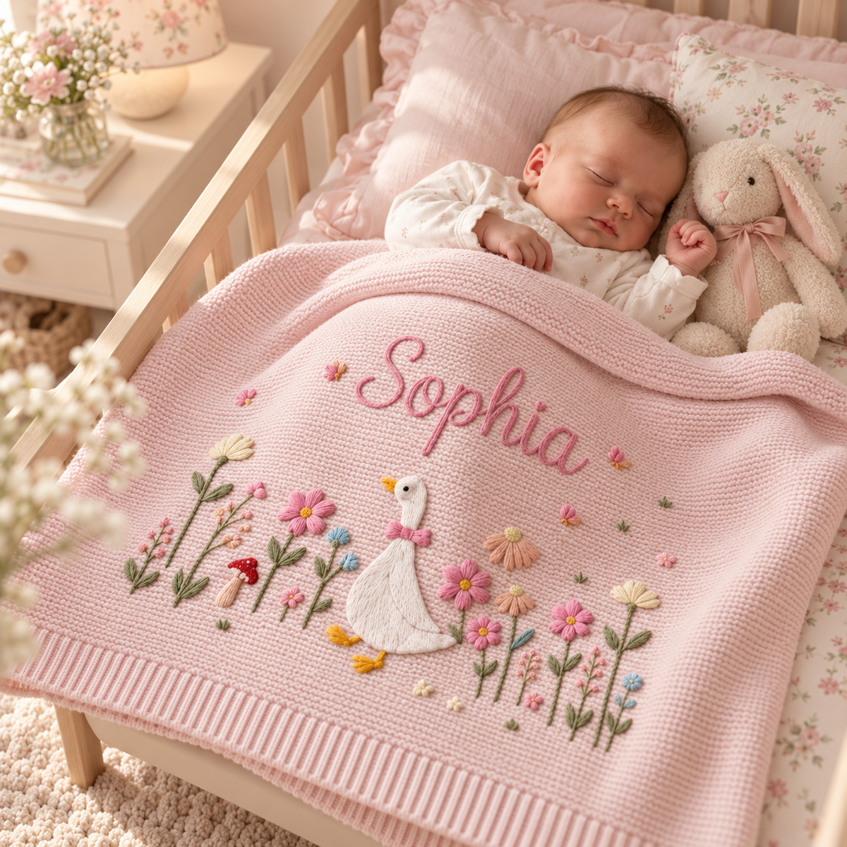 Pink personalized goose garden baby blanket in a crib