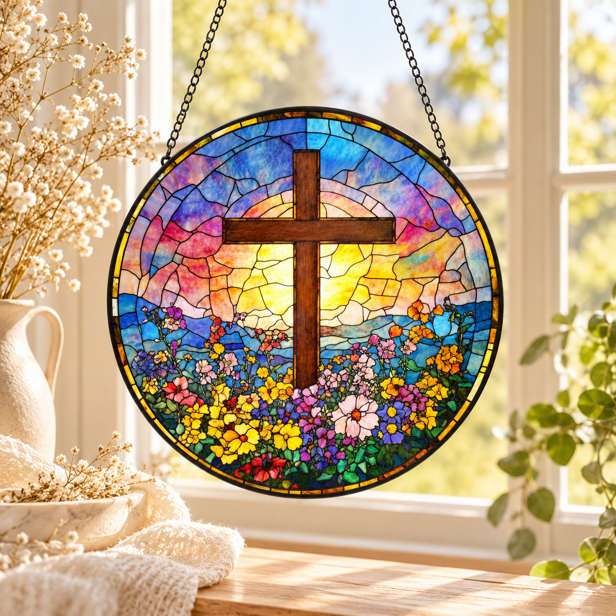 Meadow Prayer stained glass cross suncatcher