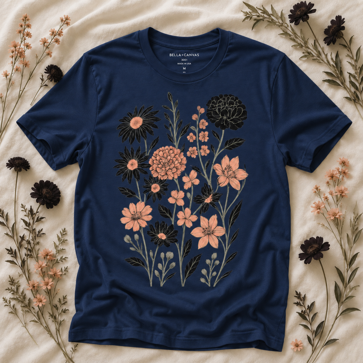 Navy vintage botanical flower shirt flat lay