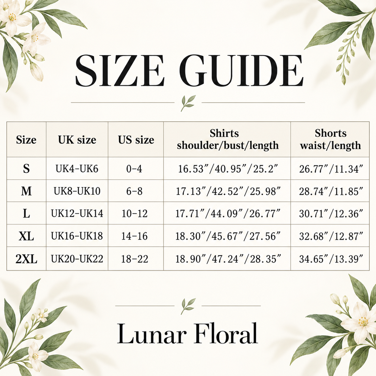 Lunar Floral pajama size guide