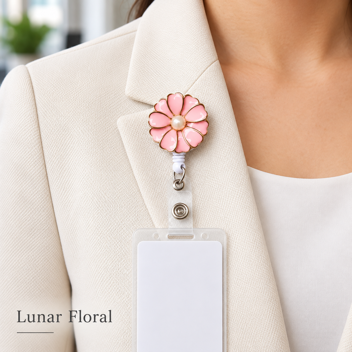Pink floral badge reel worn on cream blazer