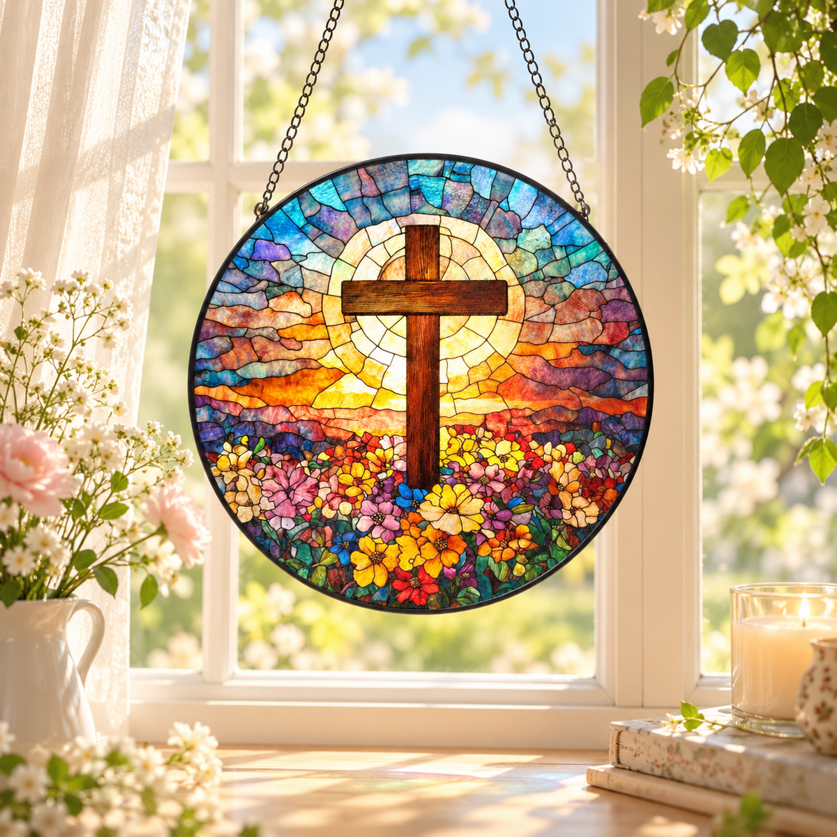 Radiant Grace stained glass cross suncatcher