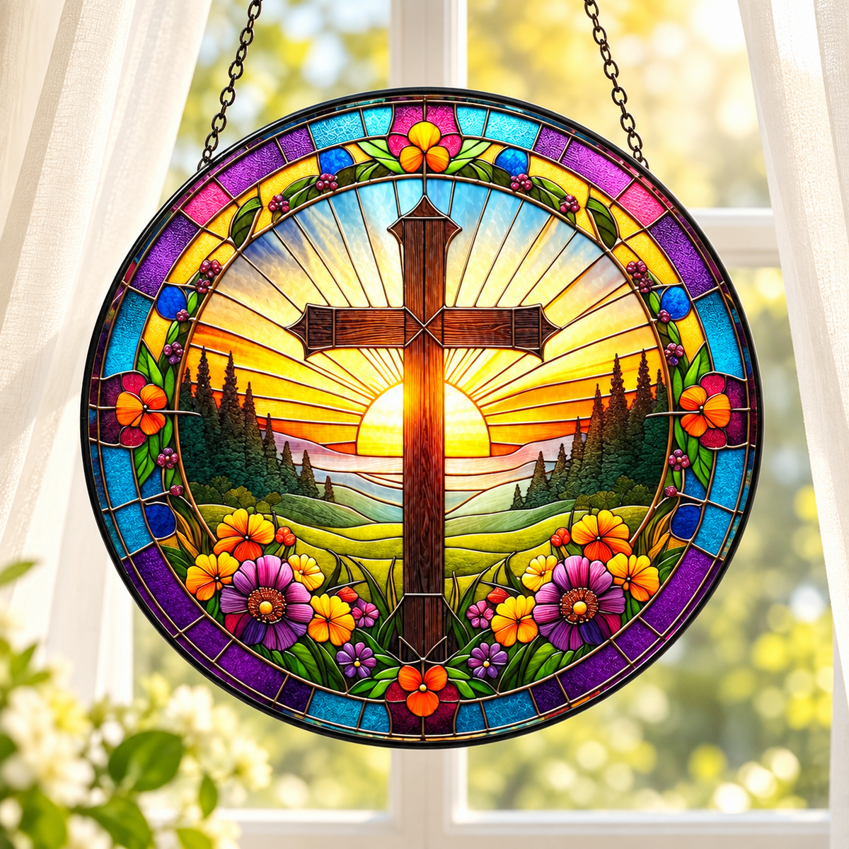 Close-up of Sunrise Cross stained glass-inspired window hanging