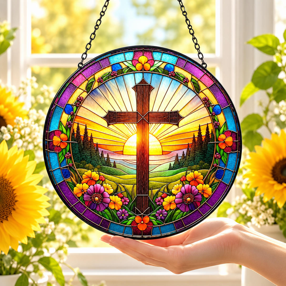 Sunrise Cross floral stained glass-inspired suncatcher detail