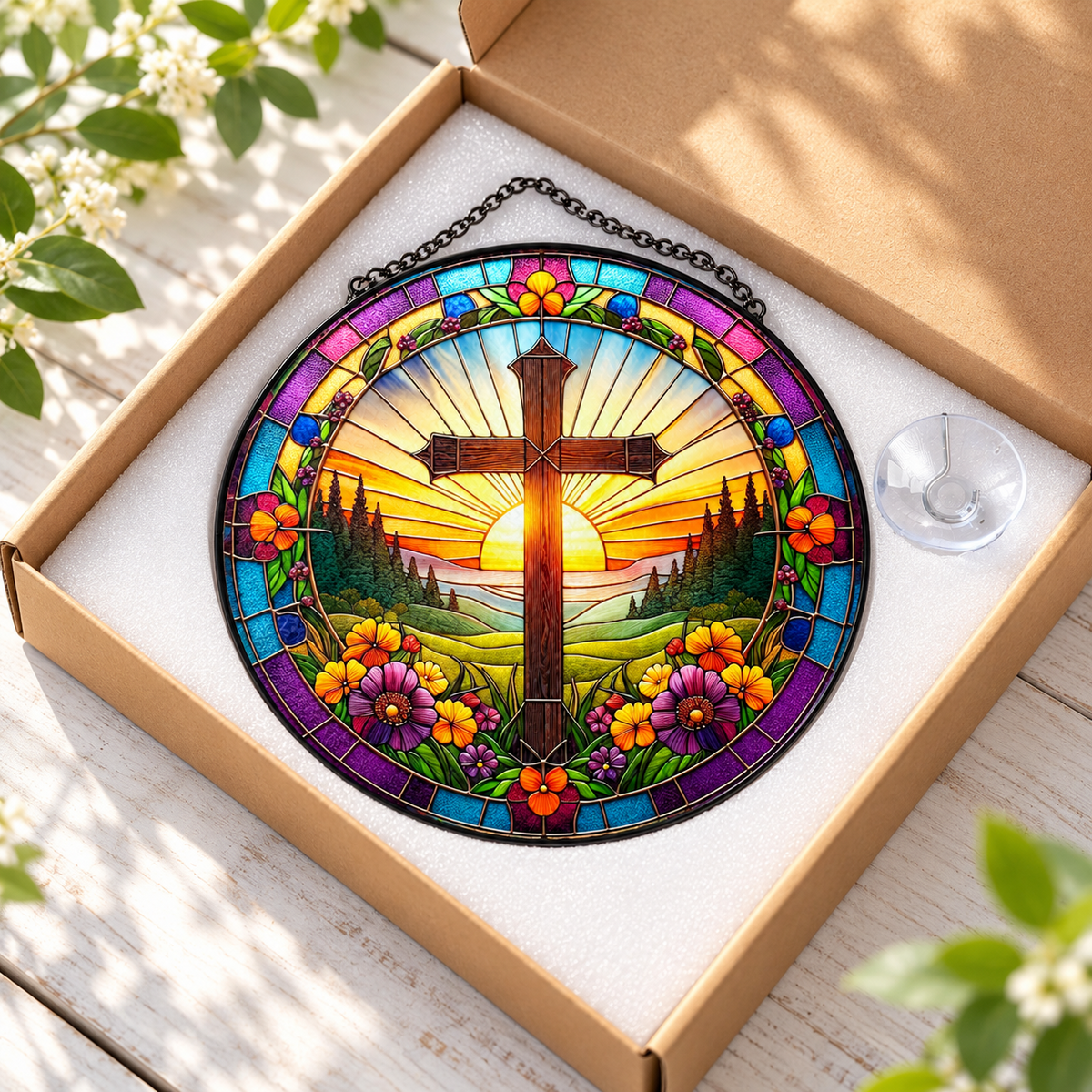 Sunrise Cross suncatcher in protective gift packaging