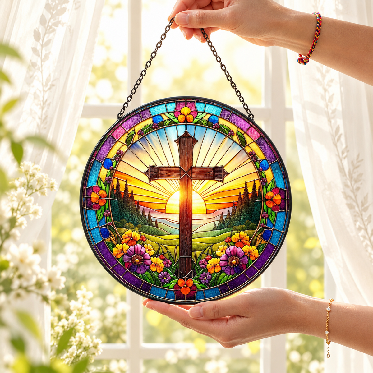 Sunrise Cross suncatcher held in front of a sunny window