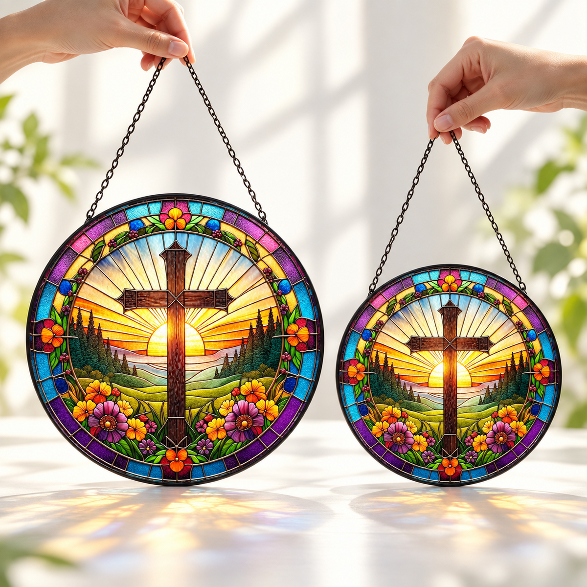 Sunrise Cross suncatcher shown in two sizes