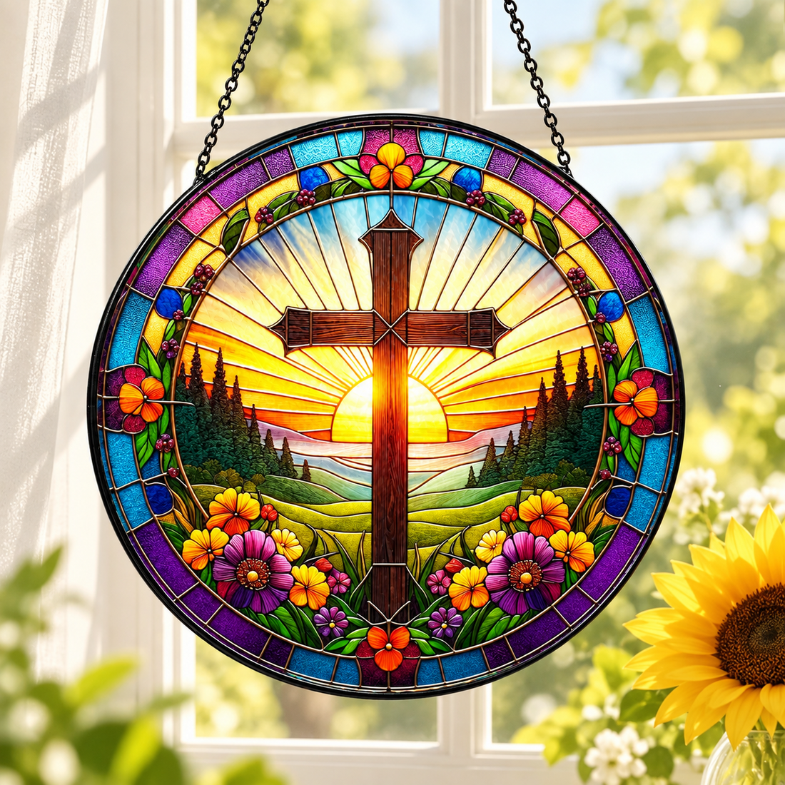 Sunrise Cross stained glass-inspired suncatcher in a bright window
