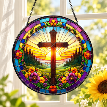 Sunrise Cross stained glass-inspired suncatcher in a bright window