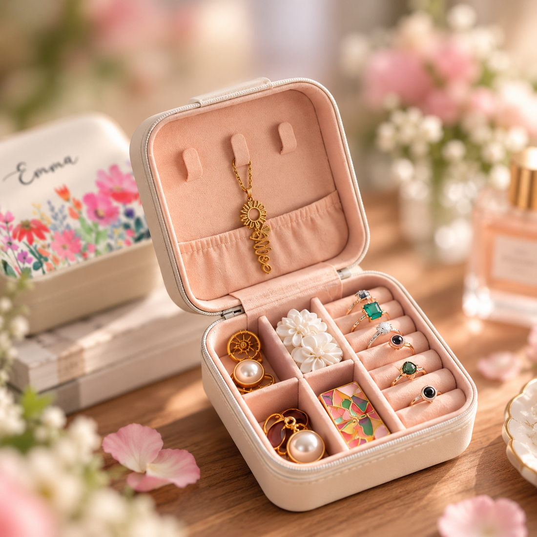 Open personalized floral travel jewelry case with jewelry compartments