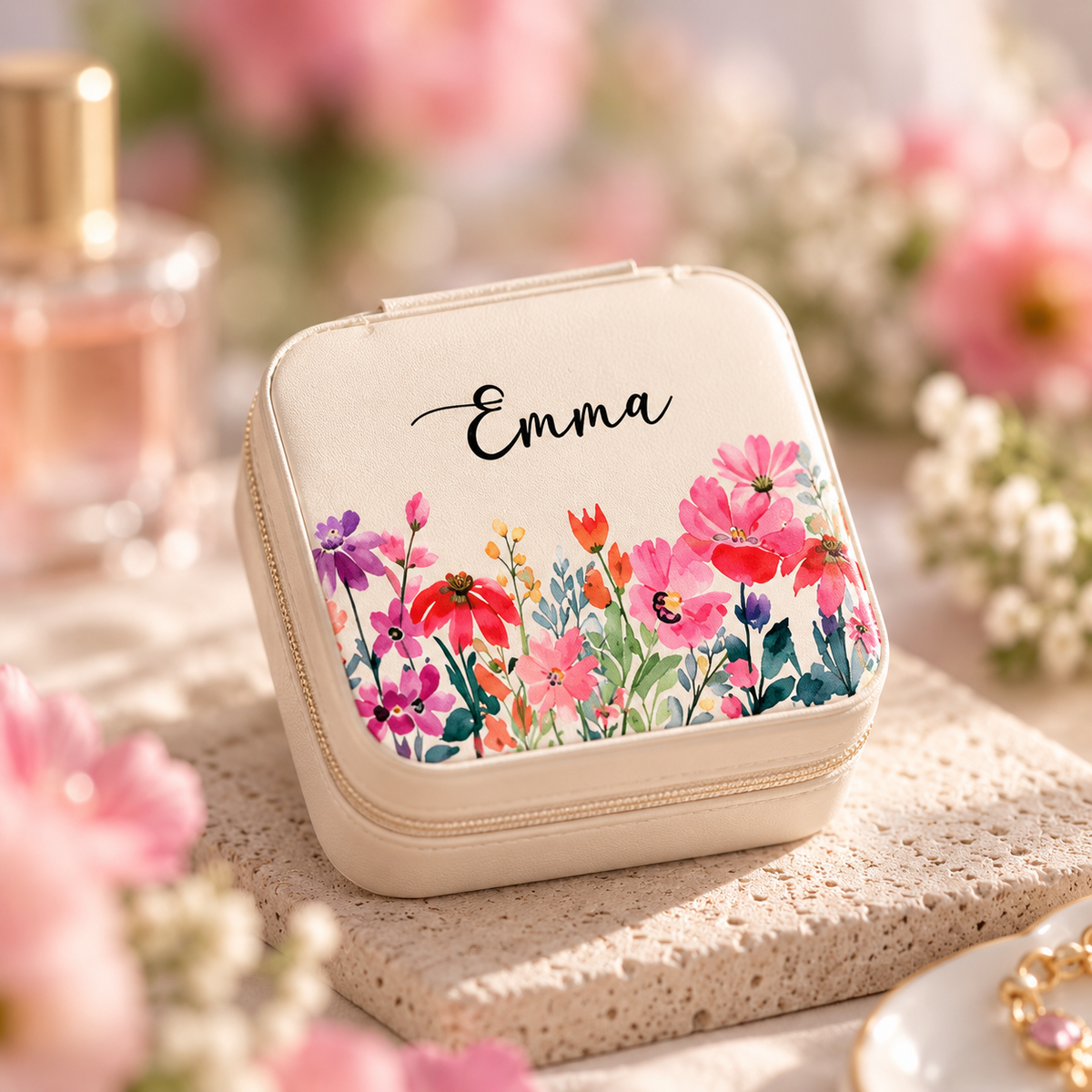 Personalized floral travel jewelry case in Joyful Bloom style