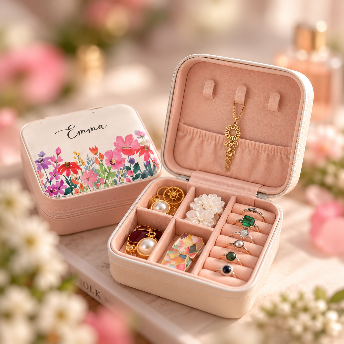 Personalized floral travel jewelry case with organized jewelry storage