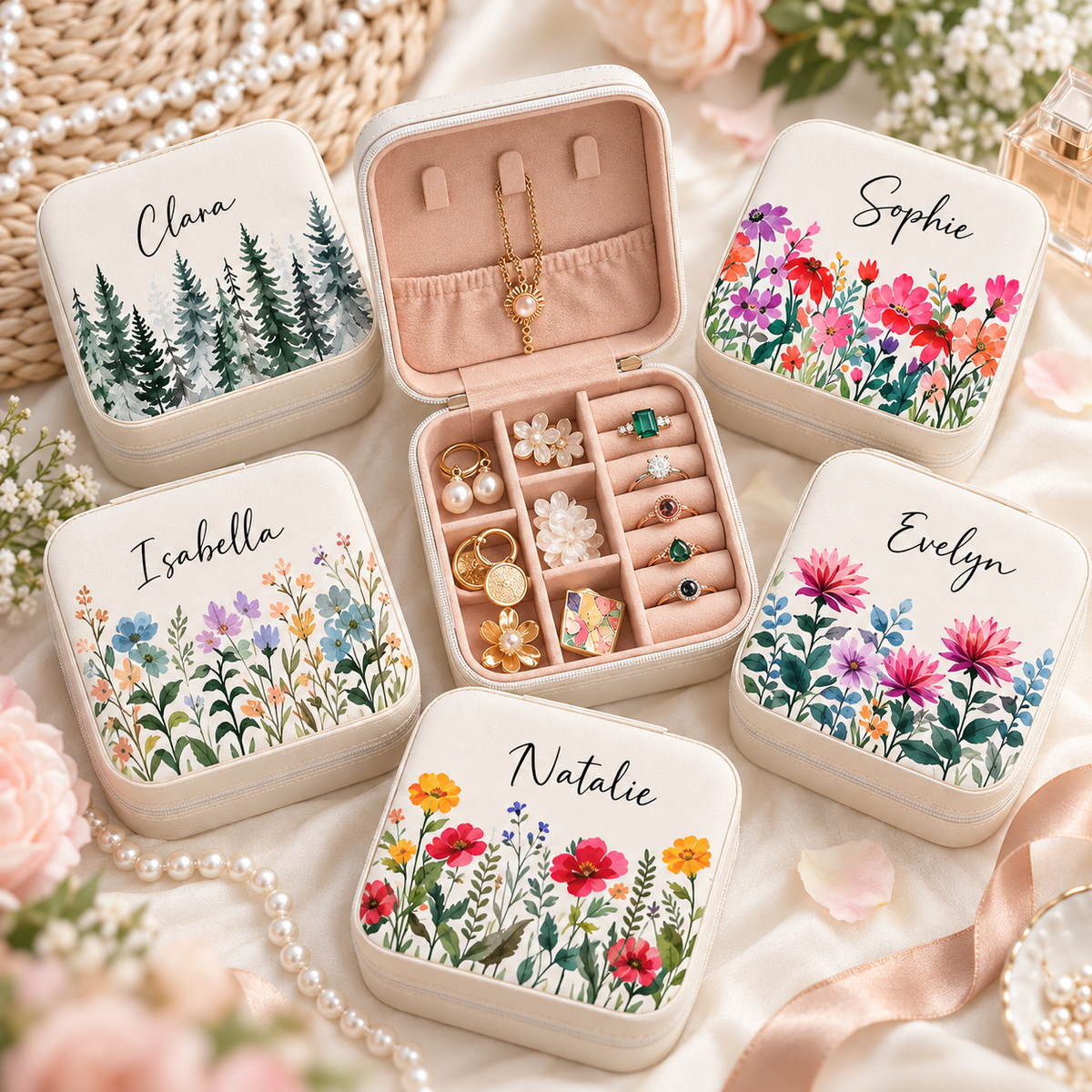 Personalized floral travel jewelry case held in hand