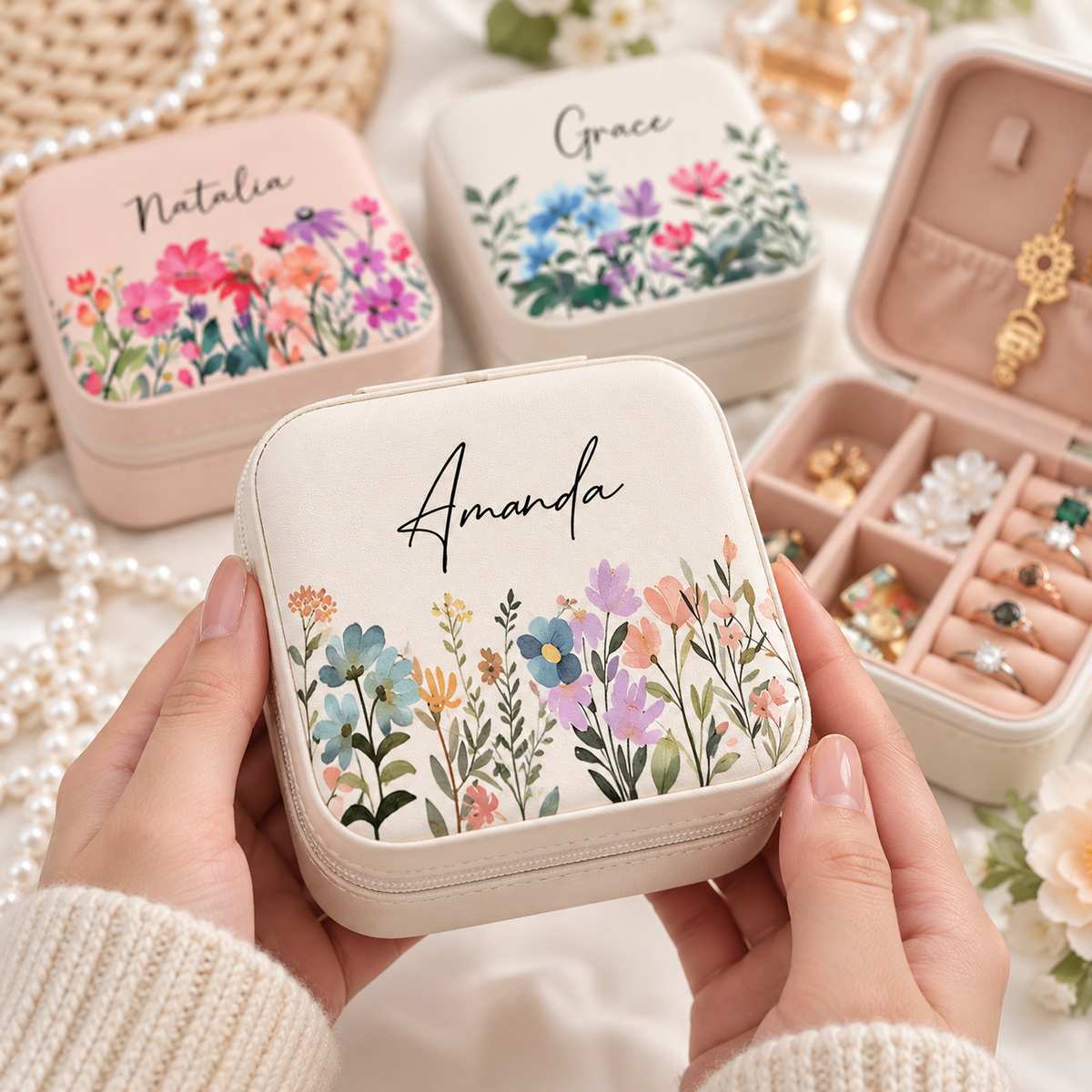 Personalized floral travel jewelry cases in six styles