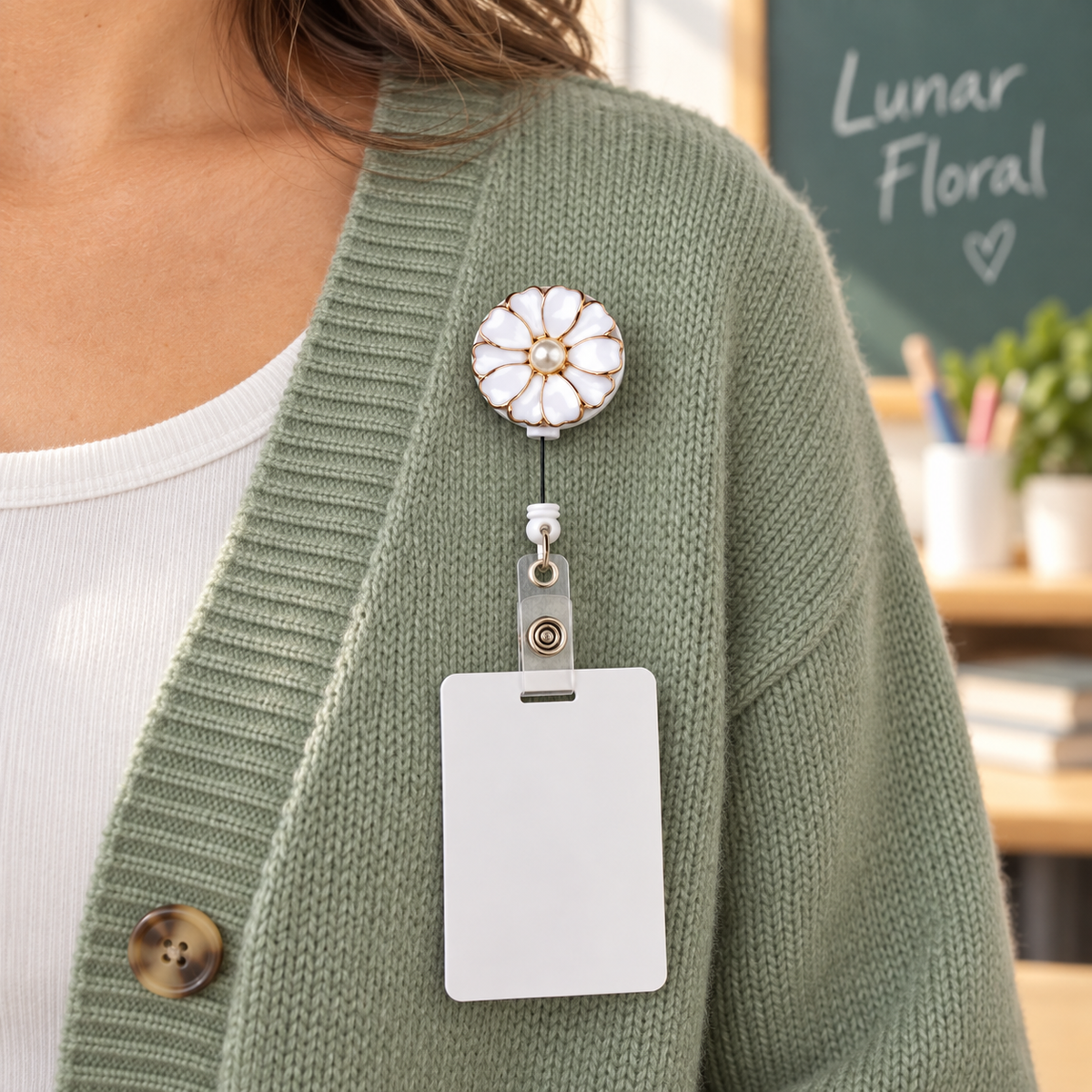 White floral badge reel worn on sage teacher cardigan