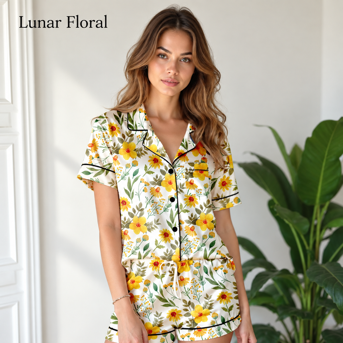Yellow floral personalized pajama set, front view
