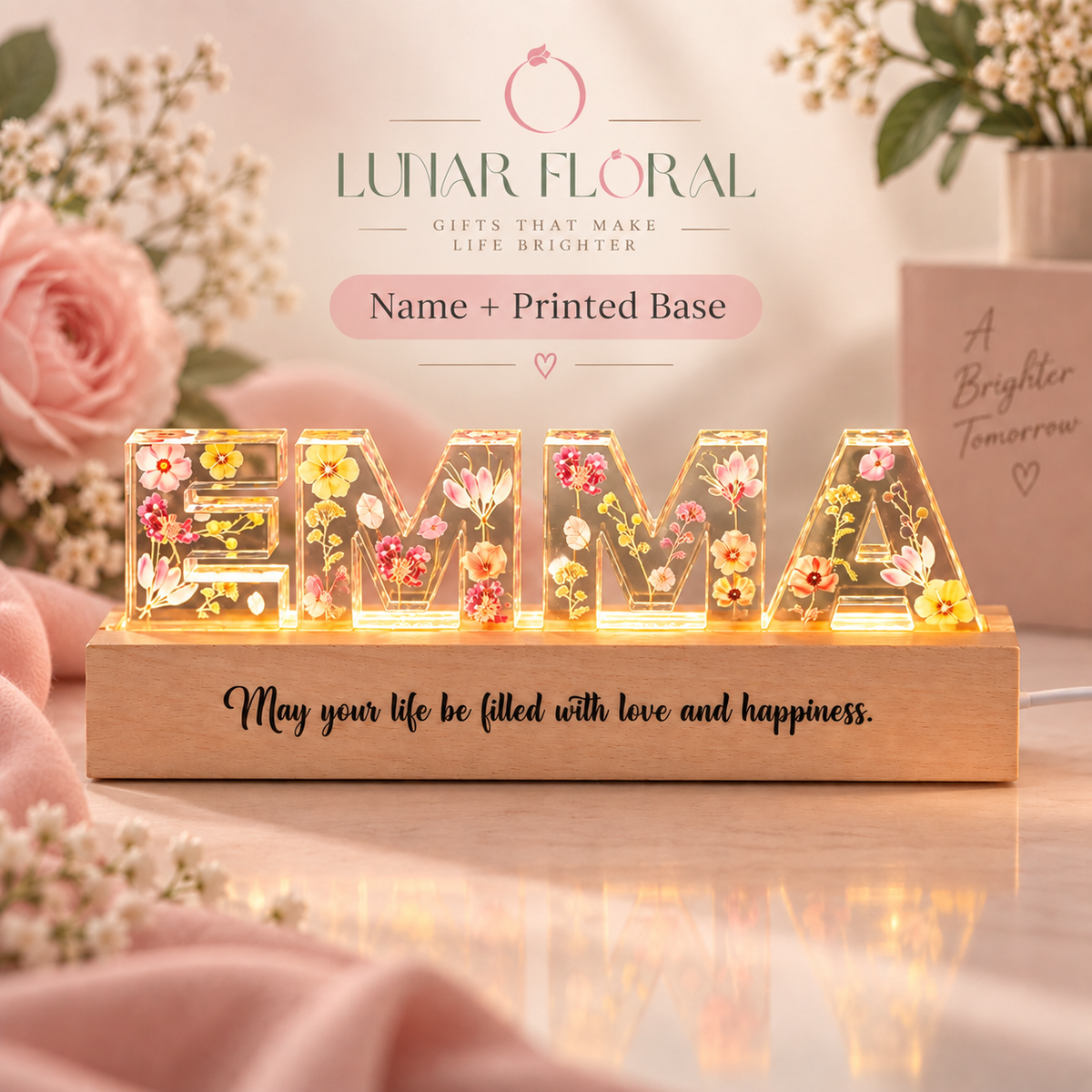 Personalized Flower Resin Name Night Light – Dried Floral LED Lamp, Custom Gift for Her