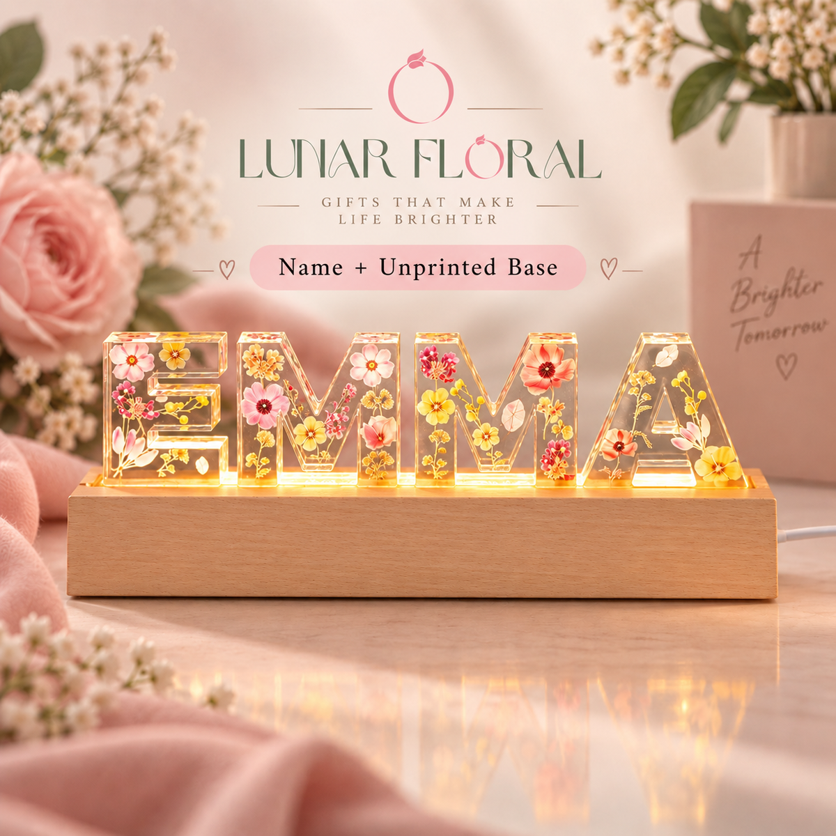 Personalized Flower Resin Name Night Light – Dried Floral LED Lamp, Custom Gift for Her