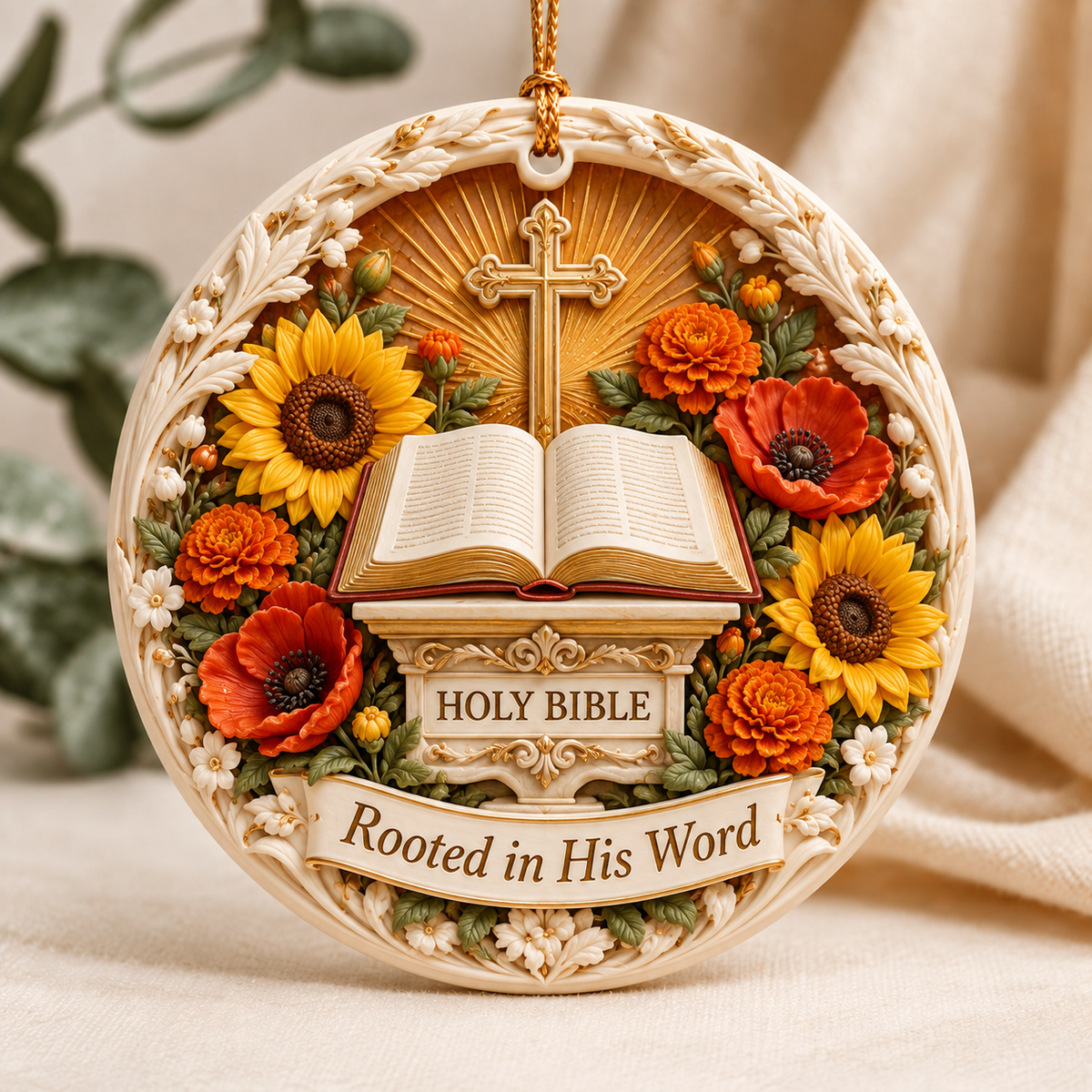 Blooming Faith Ceramic 3D Relief Ornament | Floral Christian Keepsake