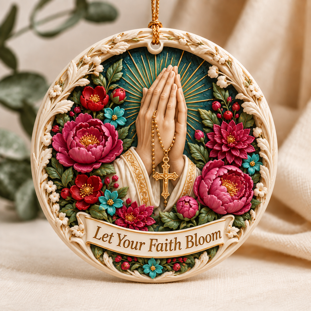 Blooming Faith Ceramic 3D Relief Ornament | Floral Christian Keepsake