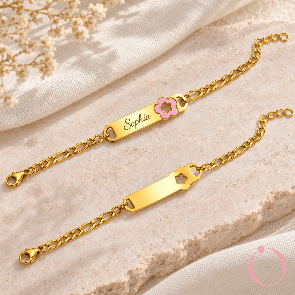 Front and back views of personalized baby name bracelet - Lunar Floral