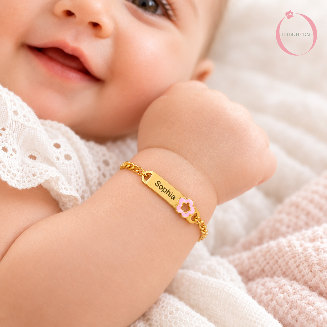 Personalized baby name bracelet engraved Sophia with pink enamel flower - Lunar Floral