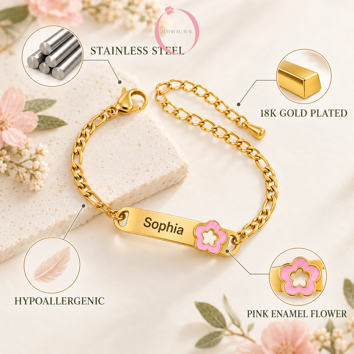18K gold plated stainless steel hypoallergenic baby bracelet materials - Lunar Floral