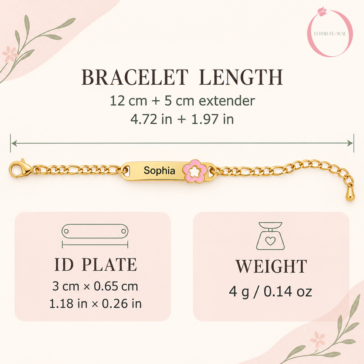 Personalized baby bracelet size guide and measurements - Lunar Floral