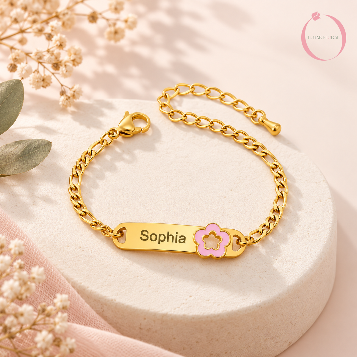 Personalized baby name bracelet engraved Sophia with pink enamel flower - Lunar Floral