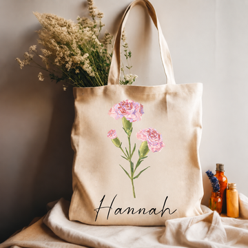 Personalized birth flower tote bag with custom name Hannah and January carnation