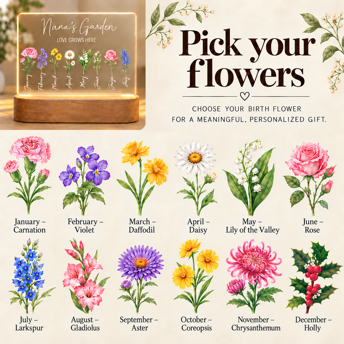 Birth flower options for personalized Garden Night Light