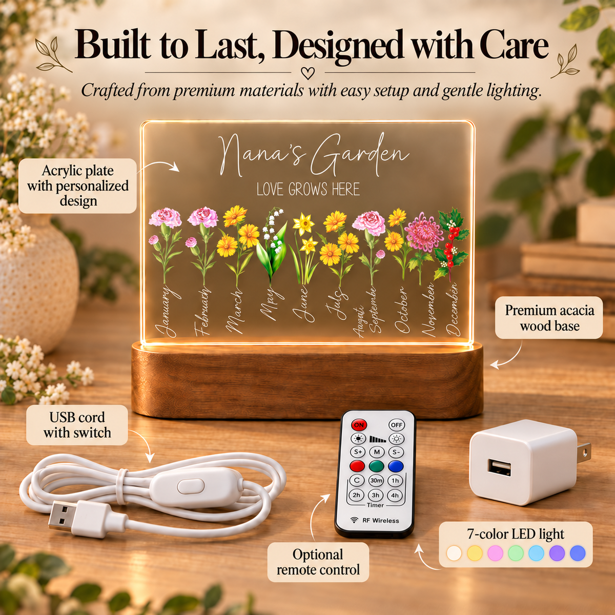 Personalized Garden Night Light with wood base USB cord remote and LED colors