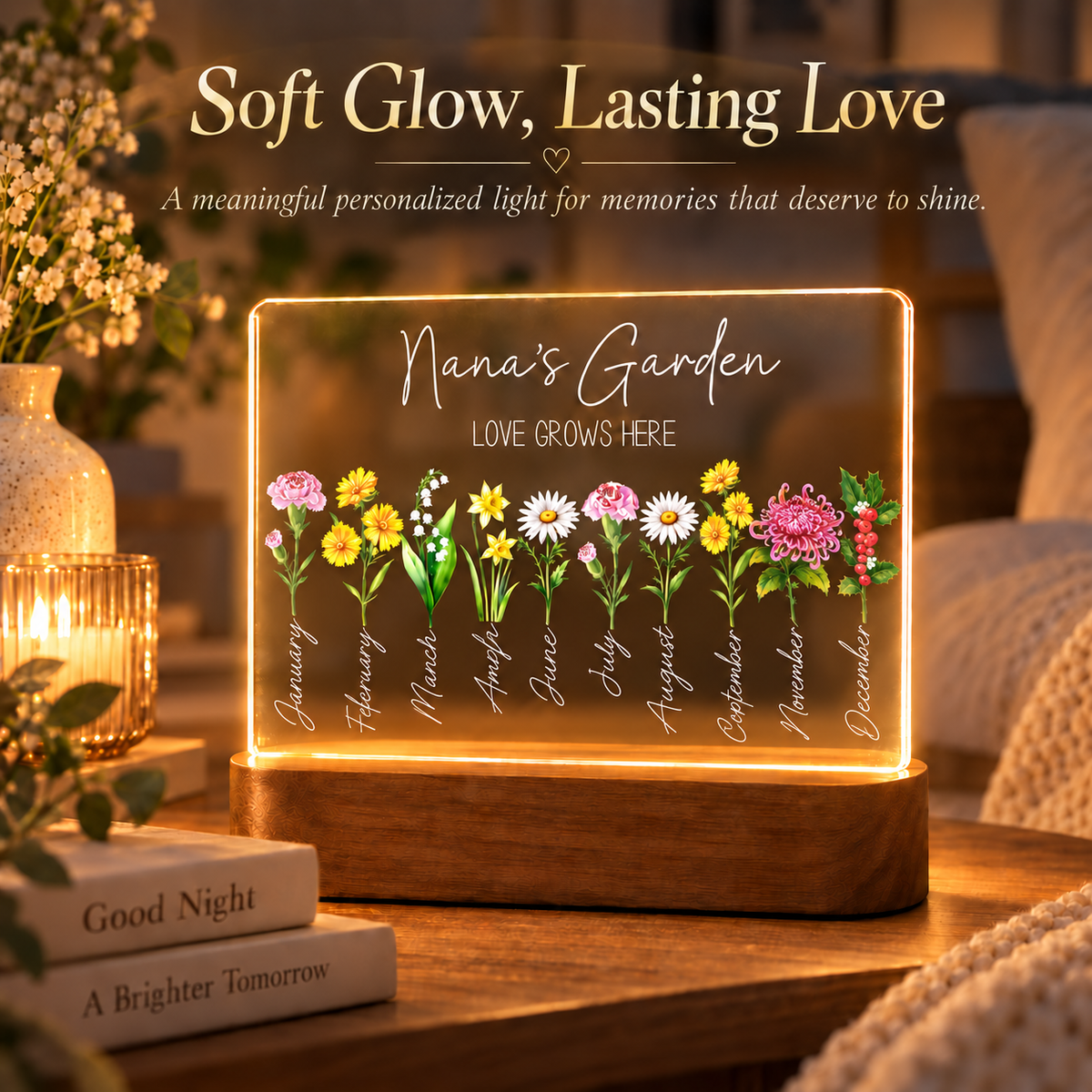 Personalized floral LED night light glowing on a bedside table