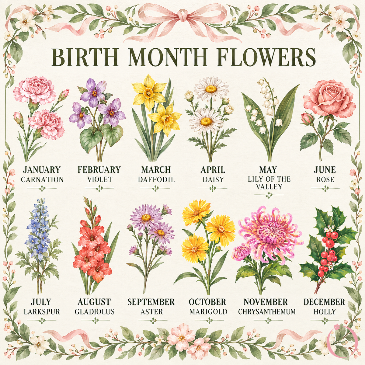 Birth month flower guide for the personalized family garden pillow