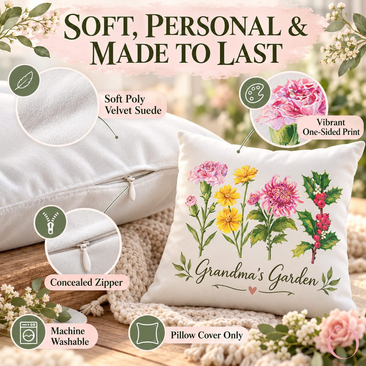 Soft poly velvet suede pillow cover features concealed zipper and washable fabric