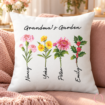 Personalized Grandma's Garden birth flower pillow with custom family names