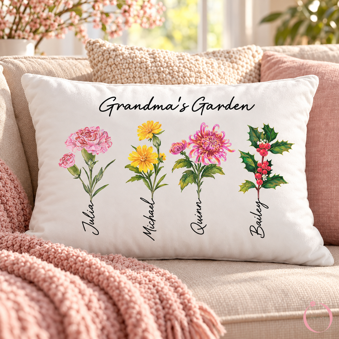 Personalized Grandma's Garden birth flower pillow with custom family names