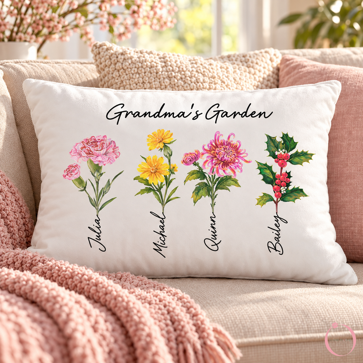 Rectangular Grandma's Garden pillow with four custom birth flowers and names