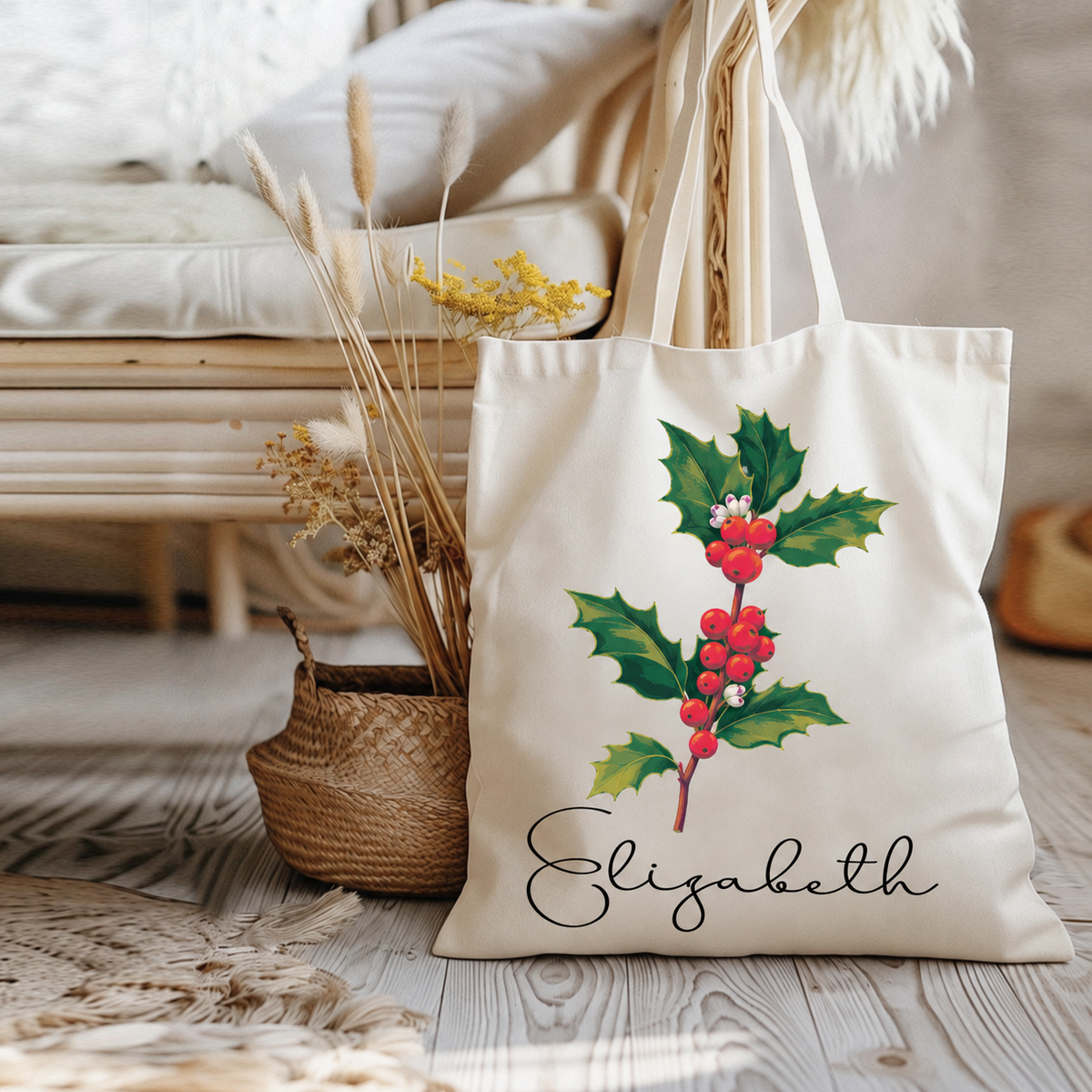 Personalized birth flower tote bag with custom name Elizabeth and December holly